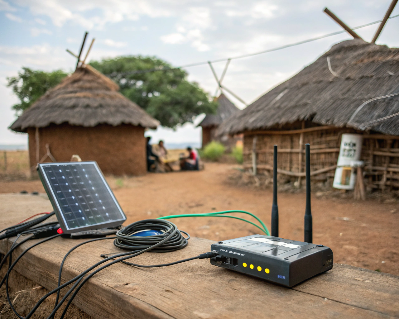 Primer plano de un módem y router WiFi con panel solar en medio de una aldea rural tradicional, rodeados de chozas indígenas. Una mano anónima se dispone a encender el equipo, mientras el módem emite señales visibles sobre un entorno colorido y limpio, sin personas identificables.