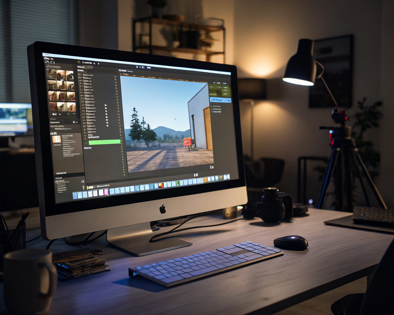 Pantalla de una computadora con la interfaz del motor de videojuegos Unity abierta, mostrando un prototipo de juego 2D; la habitación está oscura y el monitor proyecta colores vivos y sombras marcadas alrededor, resaltando un entorno creativo y enfocado.