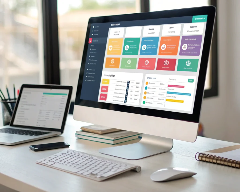 Un monitor moderno muestra un panel de control de software de automatización con gráficas coloridas, iconos de flujo de trabajo y alertas, rodeado de una libreta, una tableta y un teléfono organizados en un escritorio limpio en una pequeña oficina. El ambiente es luminoso, con reflejos suaves que sugieren productividad e innovación.