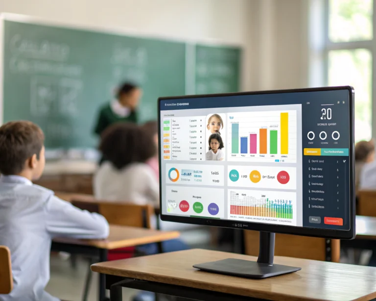 Panel educativo digital moderno mostrado en primer plano en un aula, con gráficos, barras de progreso y sugerencias en colores vivos; fondo desenfocado con pizarrón y estudiantes trabajando. Incluye un ícono de inteligencia artificial como cerebro digital en la interfaz.