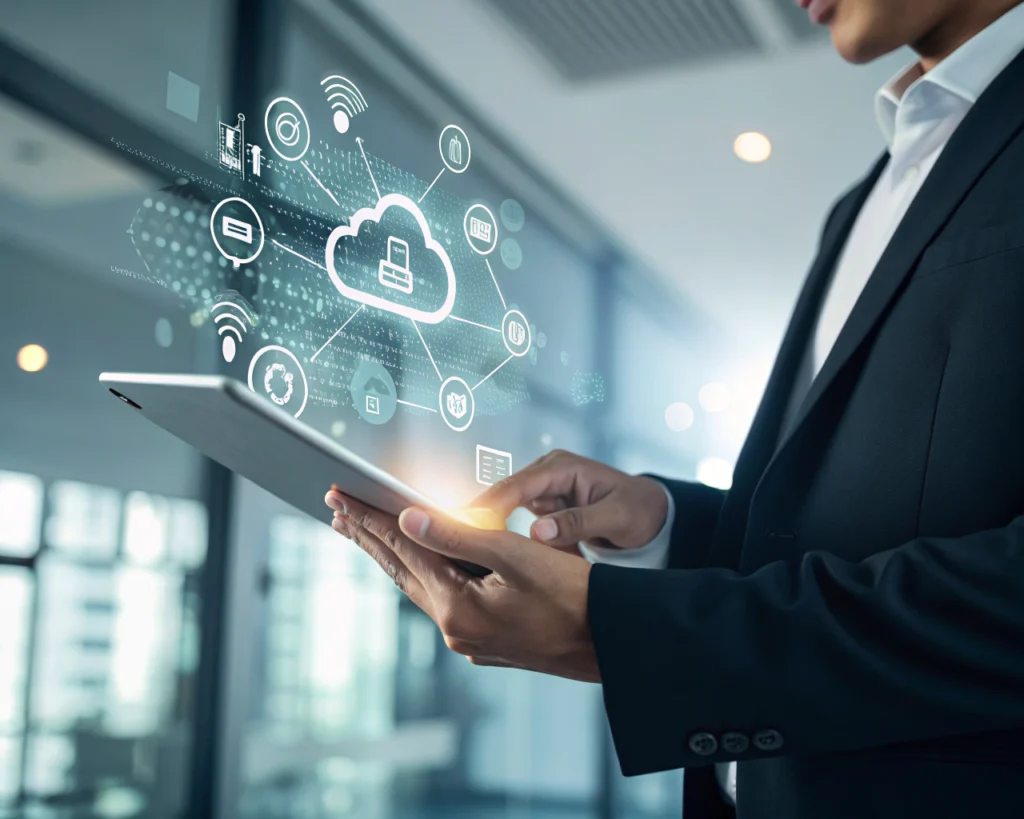 Profesional latinoamericano genérico con atuendo de negocios sostiene una tableta de la que emerge un holograma digital futurista, mostrando íconos de computación en la nube, inteligencia artificial y blockchain. Fondo de oficina moderna desenfocado y luz suave, enfatizando innovación tecnológica.