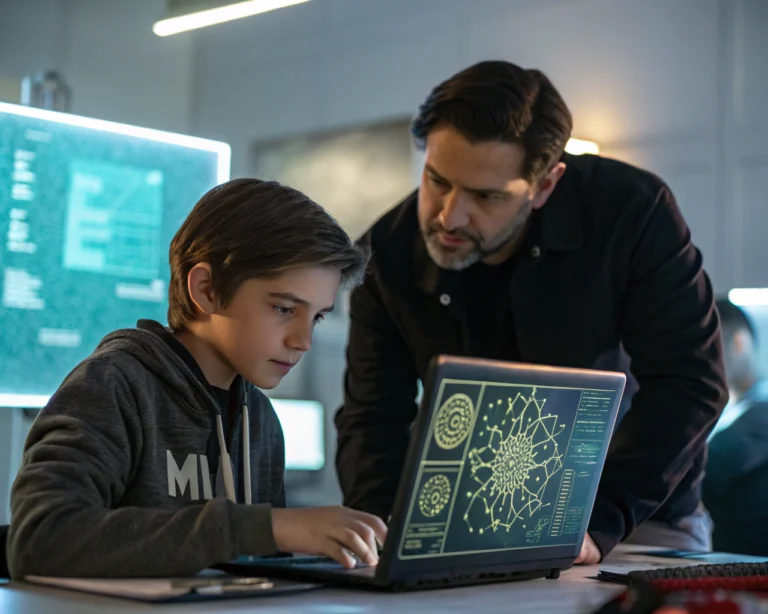 Mentor latinoamericano y estudiante joven trabajando juntos frente a una laptop brillante con diagramas de redes neuronales, señalando la pantalla; fondo desenfocado con pantallas digitales y un icono de inteligencia artificial suavemente iluminado en una oficina moderna y ordenada.