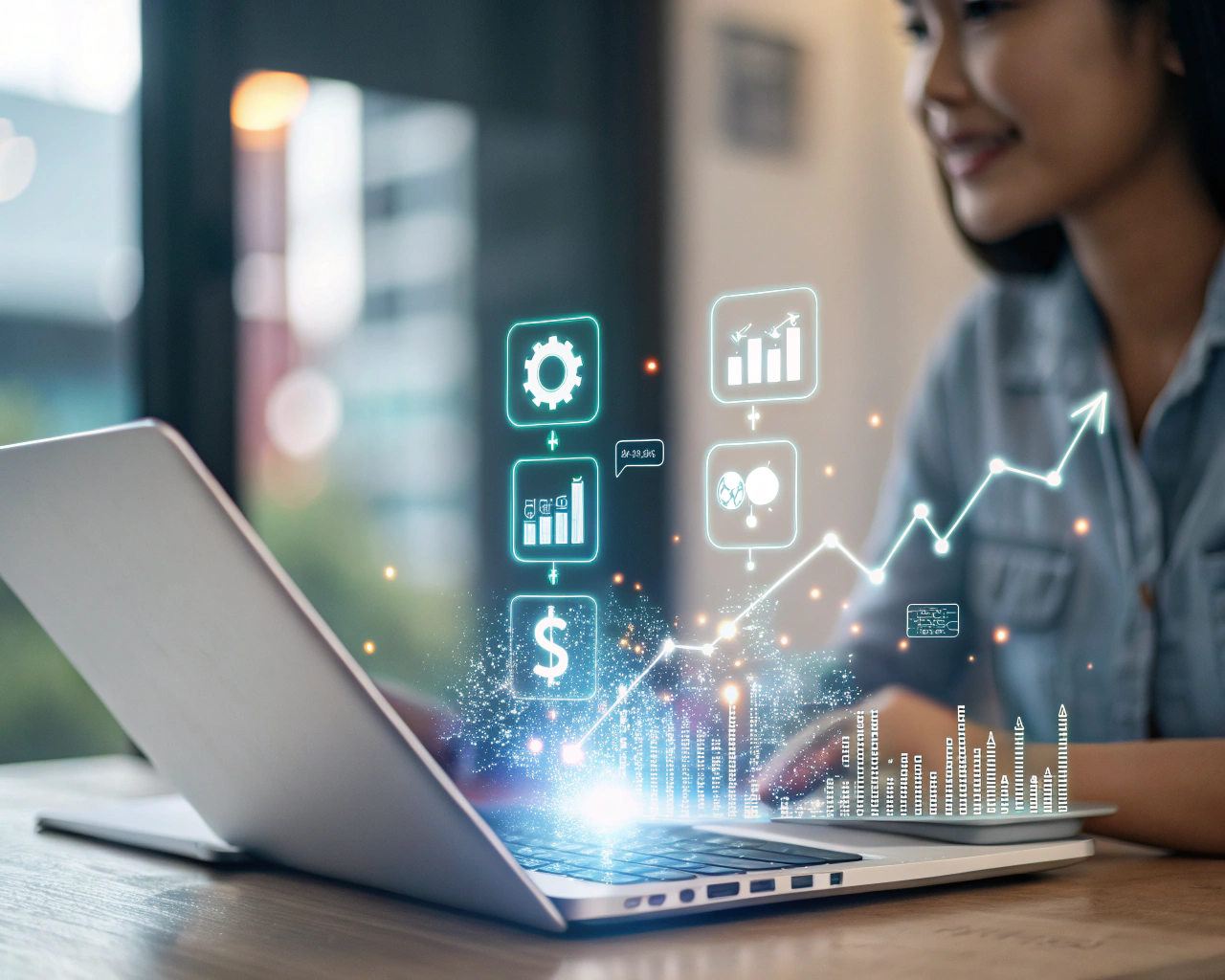 Interfaz avanzada de chatbot de IA en un dispositivo digital moderno, rodeada de iconos de datos flotantes y gráficos luminosos de análisis. Una flecha ascendente simboliza el crecimiento empresarial. Personas genéricas latinoamericanas interactúan con la tecnología en una oficina emprendedora de alta tecnología, con fondo desenfocado y composición limpia.