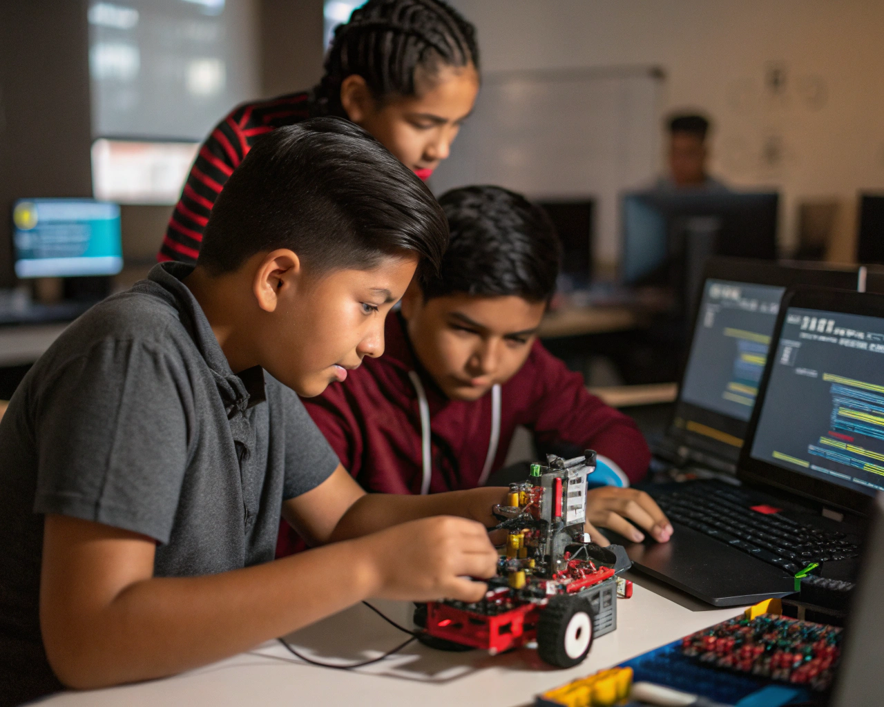 Manos de varios estudiantes latinoamericanos ensamblando circuitos y programando sobre una mesa en un aula moderna, rodeados de computadoras y pantallas digitales, con un robot al centro de su trabajo y el fondo borroso.
