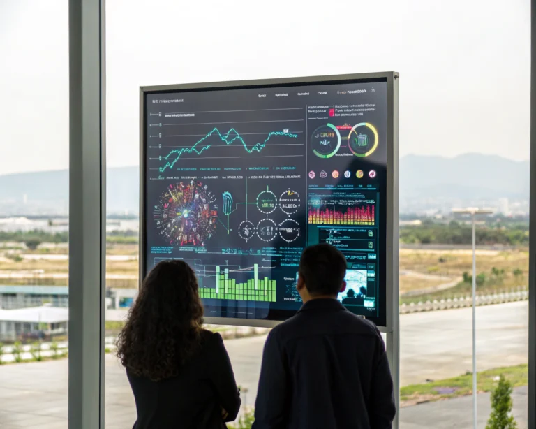 Interfaz de inteligencia artificial, enmarcada y brillante, analiza visualmente grandes volúmenes de datos sociales sobre una pantalla digital transparente, mostrando gráficos, circuitos y nodos coloridos. De fondo se percibe borrosa una combinación urbana y rural de Panamá, con siluetas genéricas de personas en lontananza. Un icono de conexión social simboliza la esperanza y transformación de la sociedad.