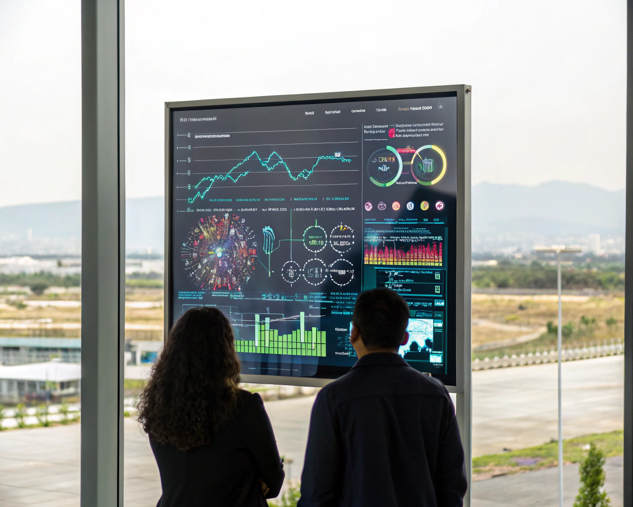 Interfaz de inteligencia artificial, enmarcada y brillante, analiza visualmente grandes volúmenes de datos sociales sobre una pantalla digital transparente, mostrando gráficos, circuitos y nodos coloridos. De fondo se percibe borrosa una combinación urbana y rural de Panamá, con siluetas genéricas de personas en lontananza. Un icono de conexión social simboliza la esperanza y transformación de la sociedad.