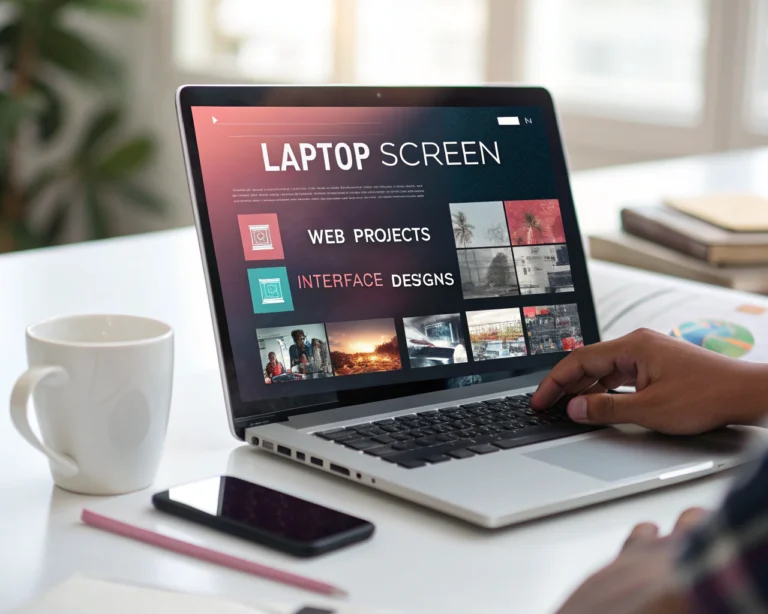 Portafolio digital lleno de proyectos web y diseños de interfaz vibrantes mostrado en la pantalla de un portátil moderno, sobre un escritorio ordenado con libros de código y una taza de café desenfocados al fondo. La imagen tiene colores vivos, brillo suave y destaca el detalle de la pantalla, simbolizando crecimiento y oportunidades en tecnología sin mostrar personas reconocibles.