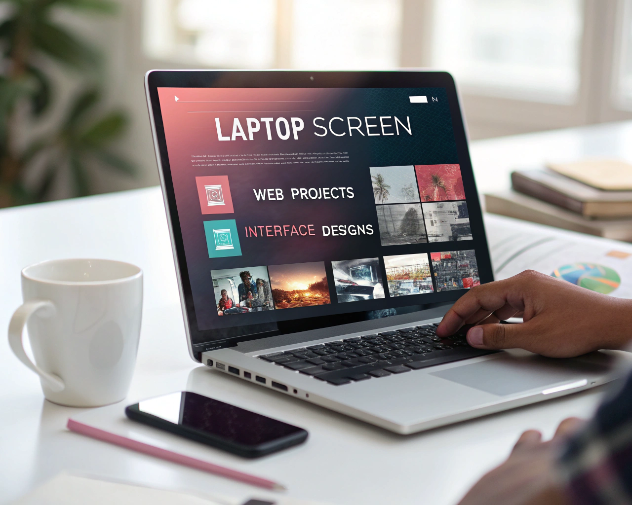Portafolio digital lleno de proyectos web y diseños de interfaz vibrantes mostrado en la pantalla de un portátil moderno, sobre un escritorio ordenado con libros de código y una taza de café desenfocados al fondo. La imagen tiene colores vivos, brillo suave y destaca el detalle de la pantalla, simbolizando crecimiento y oportunidades en tecnología sin mostrar personas reconocibles.