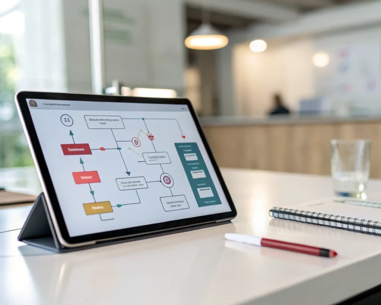 Tableta moderna en un escritorio de oficina minimalista, mostrando diagramas digitales de flujo de trabajo y notificaciones automáticas, iluminada por luz natural. El fondo está desenfocado, resaltando la interfaz colorida y una barra de progreso brillante que simboliza mejora continua.