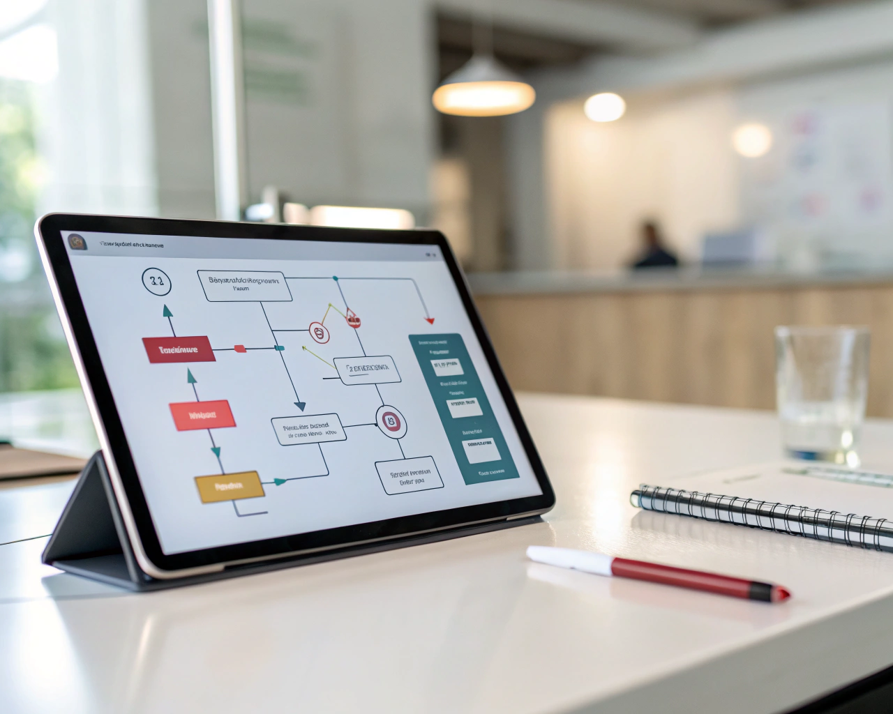 Tableta moderna en un escritorio de oficina minimalista, mostrando diagramas digitales de flujo de trabajo y notificaciones automáticas, iluminada por luz natural. El fondo está desenfocado, resaltando la interfaz colorida y una barra de progreso brillante que simboliza mejora continua.