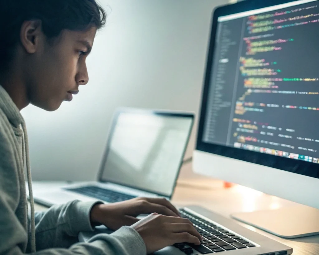 Persona latinoamericana genérica en ropa casual teclea concentrada frente a una computadora con código Python en pantalla, en un entorno moderno y sencillo, con el fondo suavemente desenfocado y un haz de luz iluminando el área de trabajo.