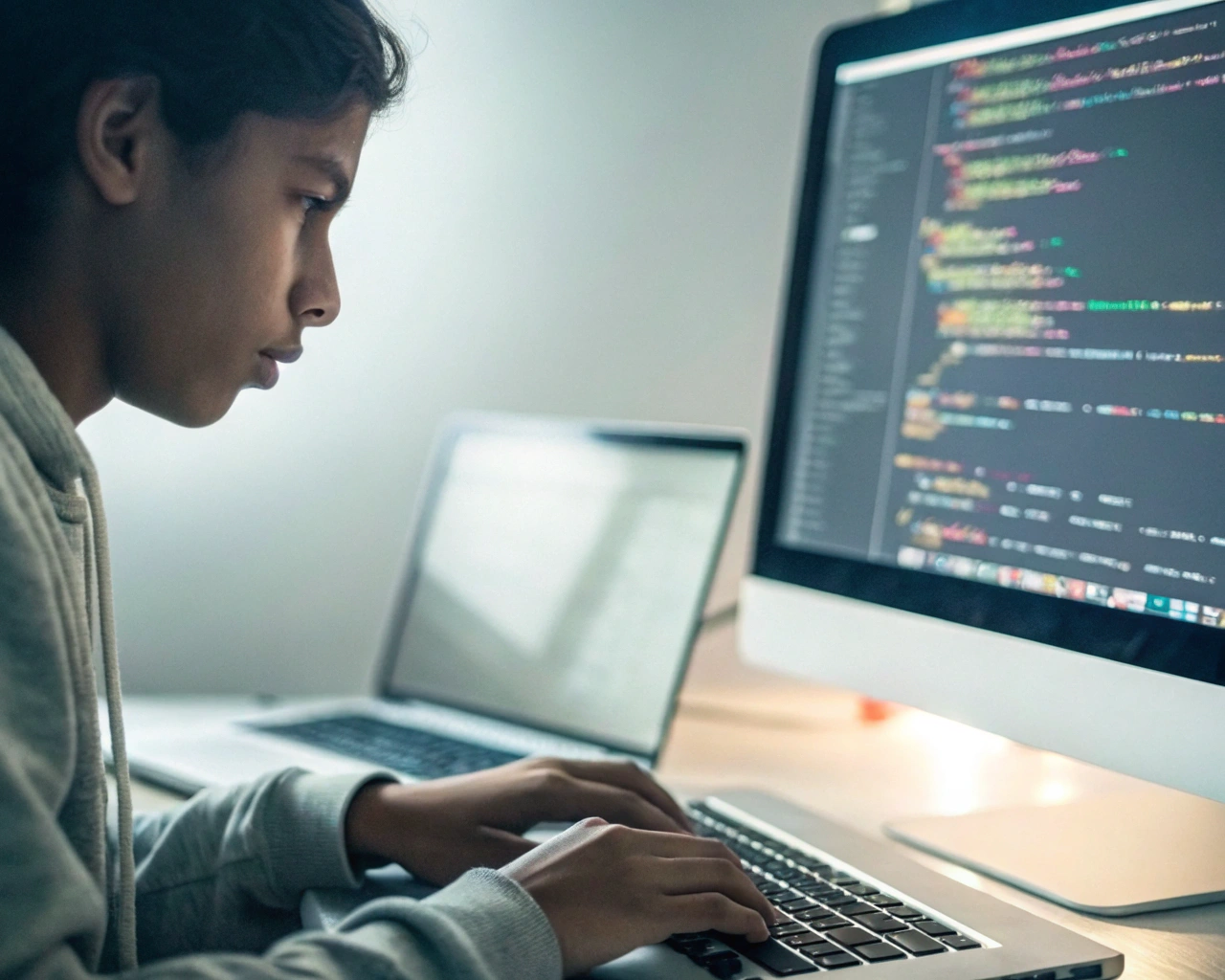 Persona latinoamericana genérica en ropa casual teclea concentrada frente a una computadora con código Python en pantalla, en un entorno moderno y sencillo, con el fondo suavemente desenfocado y un haz de luz iluminando el área de trabajo.