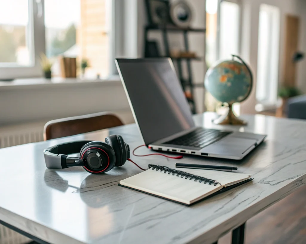Espacio de trabajo minimalista con una laptop, cuaderno, bolígrafo, auriculares y un pequeño globo sobre un escritorio de madera clara, iluminado por luz natural que entra por una ventana; fondo desenfocado y ambiente tranquilo, sin personas.