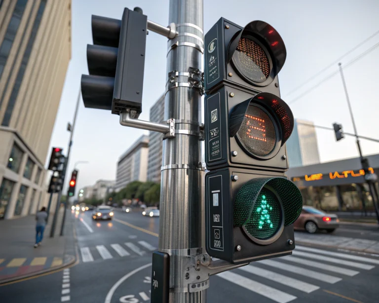 Vista de cerca de un semáforo futurista con paneles digitales luminosos y sensores avanzados en una intersección urbana. Los detalles del circuito electrónico están enfocados, mientras que una ciudad minimalista y figuras humanas desenfocadas se ven de fondo bajo luz natural, destacando innovación y eficiencia en la gestión del tráfico.