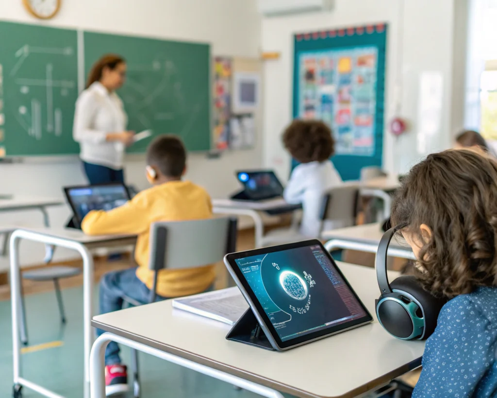 Aula digital contemporánea equipada con pizarras interactivas, tabletas, robots educativos y asistentes de voz sobre los escritorios. El foco está en las pantallas y dispositivos tecnológicos, mientras el fondo aparece desenfocado. Un patrón abstracto luminoso de inteligencia artificial adorna una pizarra digital. Estudiantes y un profesor latinoamericanos, de aspecto genérico, interactúan en un ambiente ordenado y brillante.