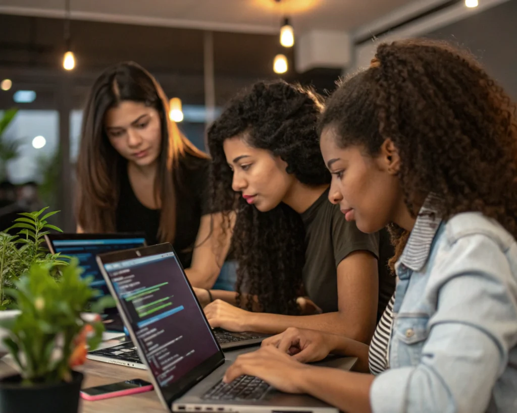 Grupo de jóvenes programadoras latinoamericanas, no indígenas, trabajando juntas frente a laptops en un espacio de co-working moderno. Sus rostros y manos muestran concentración mientras escriben código y comparten ideas. Una pequeña planta junto a las computadoras simboliza crecimiento. El ambiente es luminoso y la imagen da sensación de diversidad, colaboración y empoderamiento femenino en la tecnología.