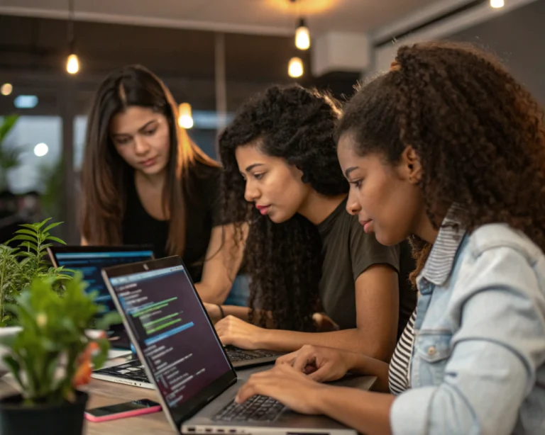 Grupo de jóvenes programadoras latinoamericanas, no indígenas, trabajando juntas frente a laptops en un espacio de co-working moderno. Sus rostros y manos muestran concentración mientras escriben código y comparten ideas. Una pequeña planta junto a las computadoras simboliza crecimiento. El ambiente es luminoso y la imagen da sensación de diversidad, colaboración y empoderamiento femenino en la tecnología.
