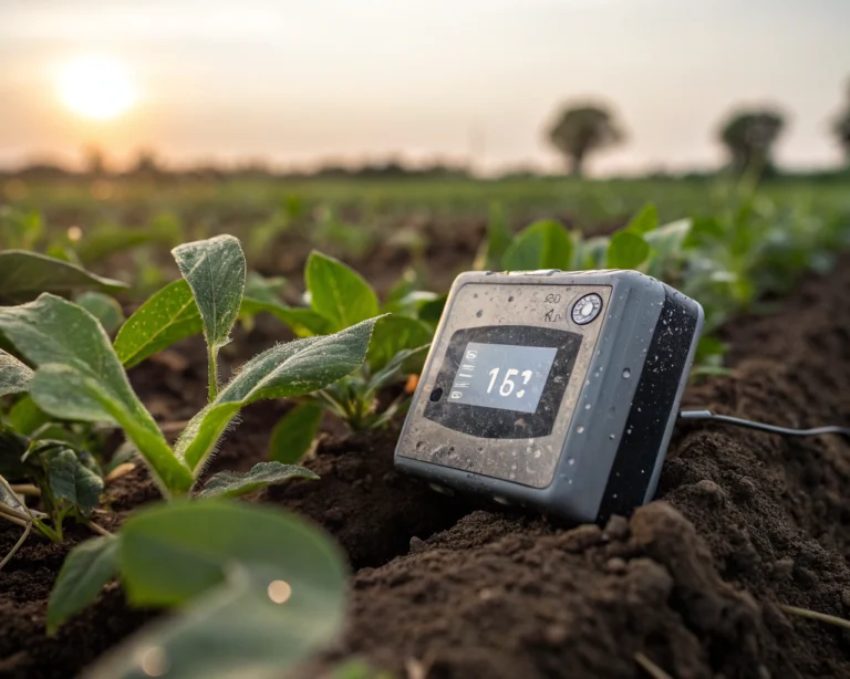 Sensor agrícola moderno parcialmente enterrado en suelo fértil, con pantallas digitales iluminadas y gotas de rocío, rodeado de hojas de cultivo saludables al amanecer. Fondo desenfocado y manos humanas no indígenas tocando suavemente el dispositivo, enfocado en innovación tecnológica agrícola.