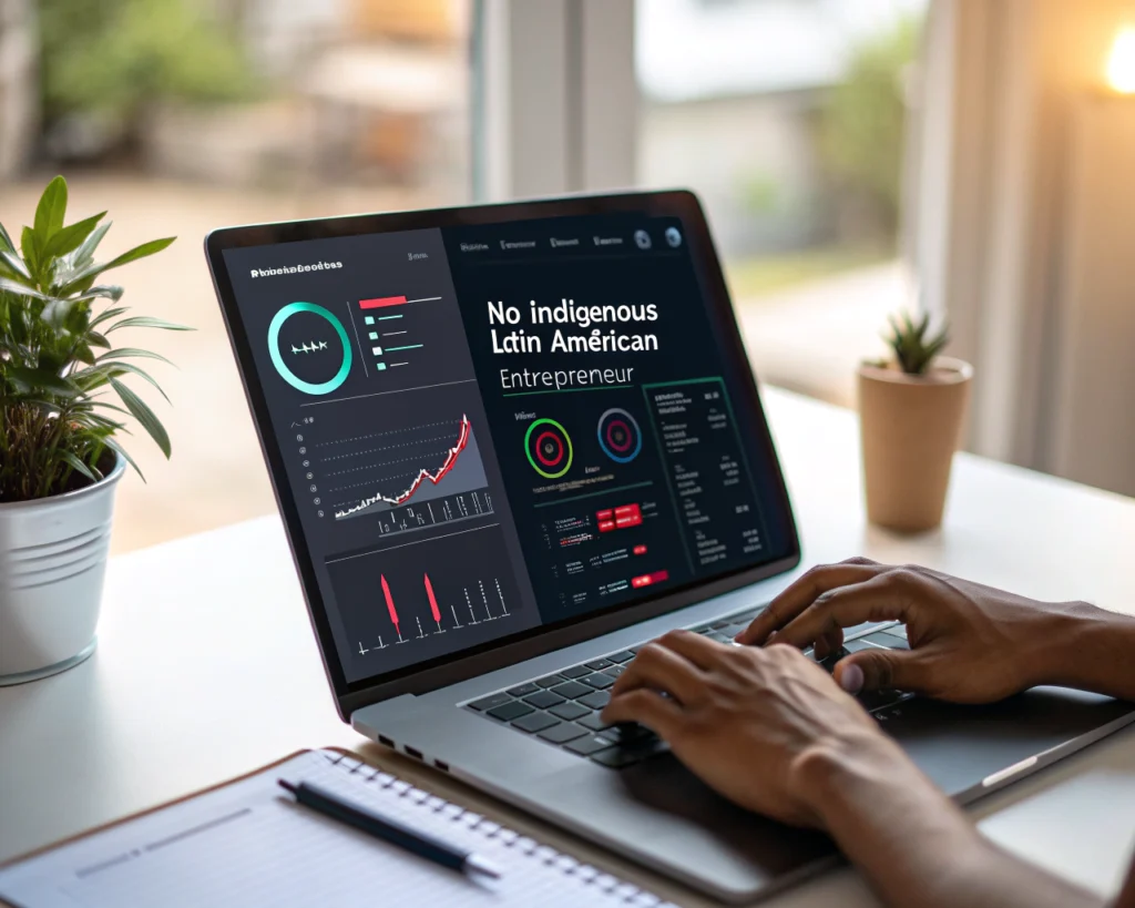 Unas manos de un emprendedor latinoamericano no indígena se preparan para usar el teclado de una laptop, cuya pantalla muestra un panel de control digital con gráficos, flujos de trabajo automatizados e iconos de notificaciones. El entorno es moderno y pequeño, con luz suave y una planta pequeña junto al portátil; el fondo desenfocado mantiene el foco en la interacción con la interfaz digital.