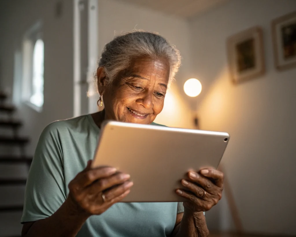 Primer plano de una persona mayor latinoamericana, no identificable, usando una tableta electrónica con expresión confiada y curiosa. Sus manos y rostro se iluminan con la luz suave de la pantalla, en un entorno hogareño desenfocado que sugiere aprendizaje digital. Reflejo de un icono digital visible en la pantalla.