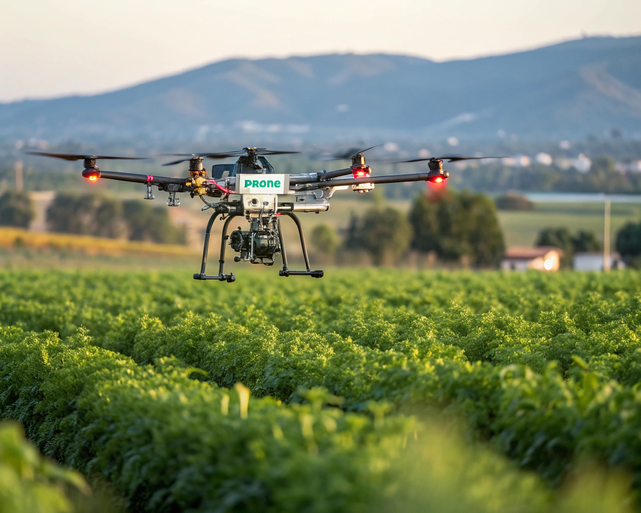 Dron agrícola avanzado sobrevuela cultivos verdes, mostrando detalles de su maquinaria y una proyección digital, con un fondo desenfocado de colinas y un pueblo rural.