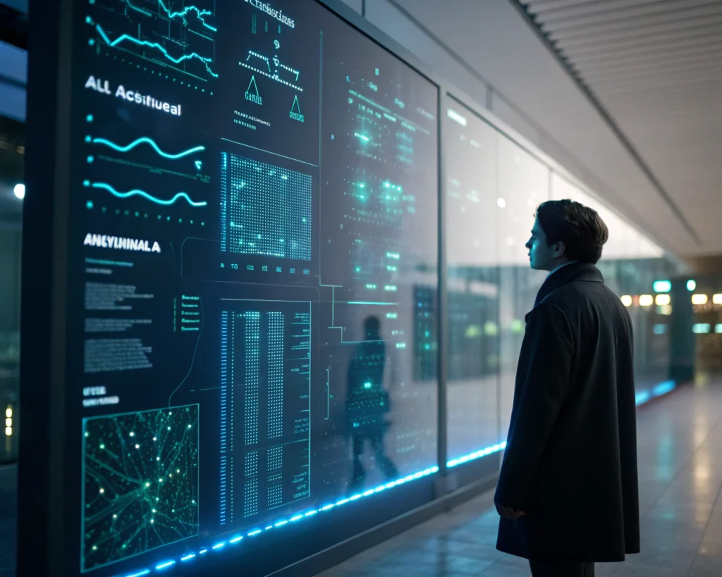 Interfaz futurista de inteligencia artificial en un panel digital transparente mostrando patrones de datos y un ícono de balanza brillante, en una oficina moderna, con profesionales no identificables observando en el fondo desenfocado.
