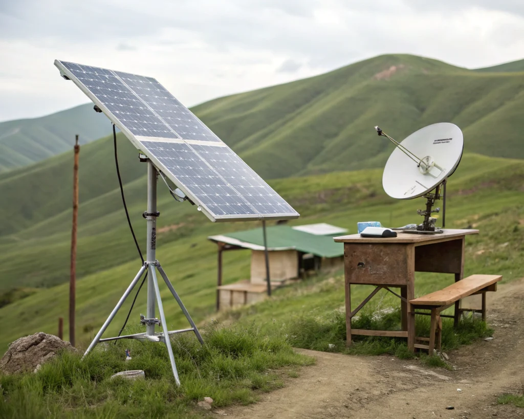 Paneles solares y una antena de internet satelital nuevos instalados en primer plano sobre un paisaje rural montañoso desenfocado, junto a un escritorio escolar de madera, representando la llegada de tecnología educativa a zonas remotas.