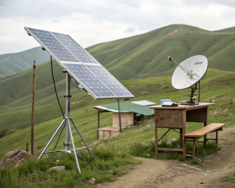 Paneles solares y una antena de internet satelital nuevos instalados en primer plano sobre un paisaje rural montañoso desenfocado, junto a un escritorio escolar de madera, representando la llegada de tecnología educativa a zonas remotas.