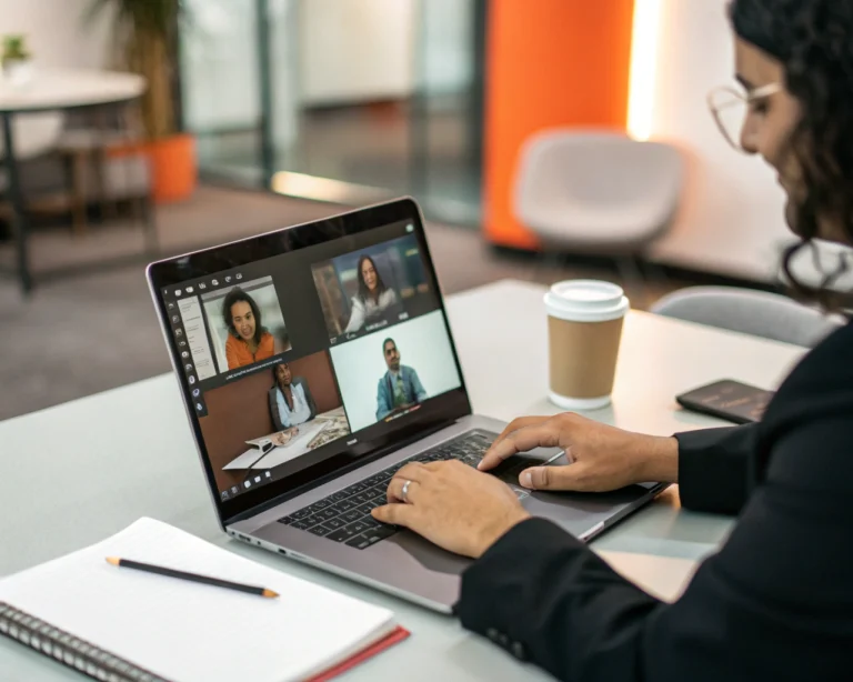 Manos de un profesional latinoamericano genérico tecleando en una laptop que muestra una herramienta de trabajo colaborativo digital, rodeado de una taza de café y un bloc de notas en un escritorio limpio. El fondo muestra una oficina moderna y luminosa, suavemente desenfocada.