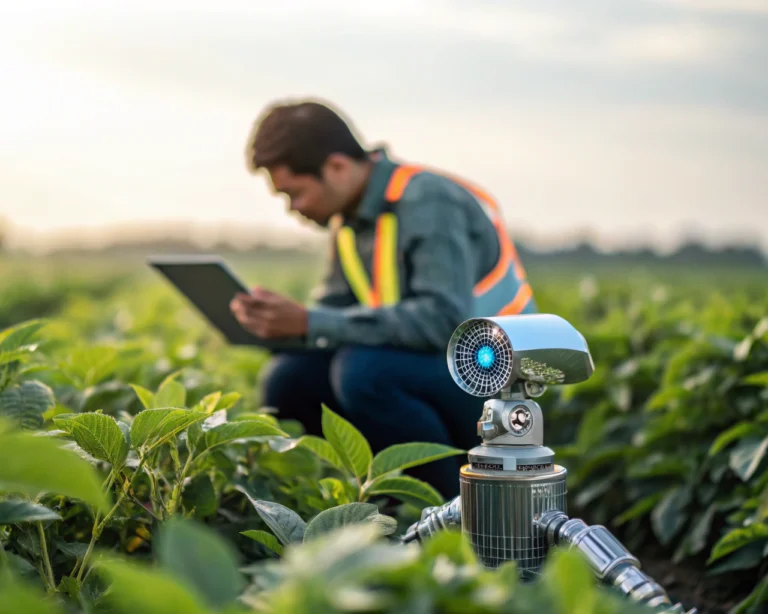 Sensor digital avanzado con inteligencia artificial en primer plano sobre un campo agrícola verde, iluminado suavemente y con un técnico al fondo revisando una tableta. El entorno natural desenfocado destaca la modernidad del sensor como emblema de innovación tecnológica y desarrollo sostenible.