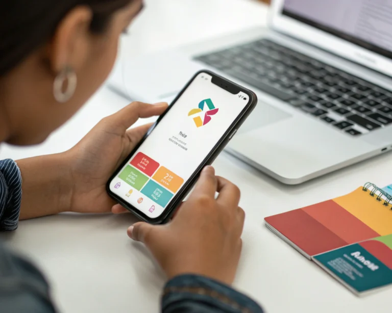 Primer plano extremo de un smartphone moderno sobre un escritorio limpio, mostrando una aplicación móvil colorida. Unas manos de una persona latinoamericana no indígena interactúan con la pantalla. El fondo está desenfocado, insinuando materiales de aprendizaje o programación, lo que transmite curiosidad y entusiasmo por aprender.