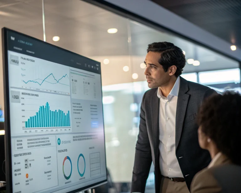 Profesional latinoamericano de oficina observa concentrado una pantalla grande con un moderno panel digital, mostrando gráficos y métricas de proyectos y donaciones, en una oficina de ONG con ambiente colaborativo y fondo difuminado.