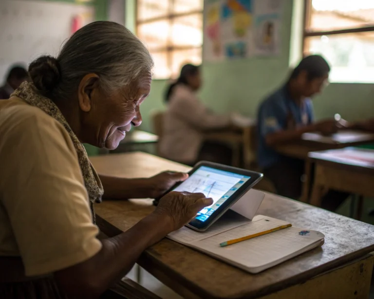 Persona adulta mayor latinoamericana, sin rasgos indígenas identificables, sentada en un aula comunitaria, usando una tableta digital sobre un escritorio sencillo; el enfoque está en sus manos navegando la pantalla iluminada, con un cuaderno y lápiz a un lado. El fondo suavemente desenfocado muestra otros adultos y materiales educativos, transmitiendo aprendizaje colaborativo en un ambiente calmado.