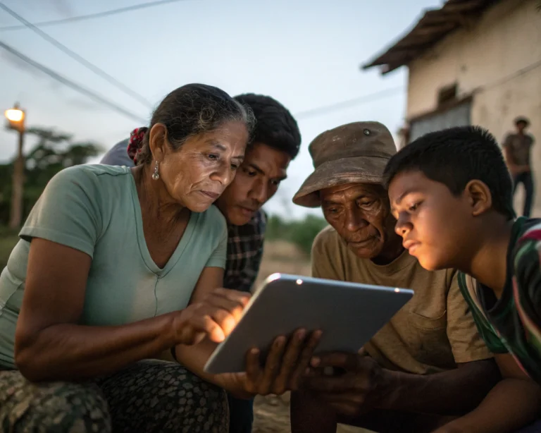 Grupo de hombres y mujeres latinoamericanos de varias edades reunidos alrededor de una tableta digital en un ambiente rural, observando la pantalla con atención y el resplandor de la luz reflejándose en sus rostros. Sus manos muestran signos de trabajo manual y se enfatiza la colaboración e interés compartido, con un fondo rural desenfocado.