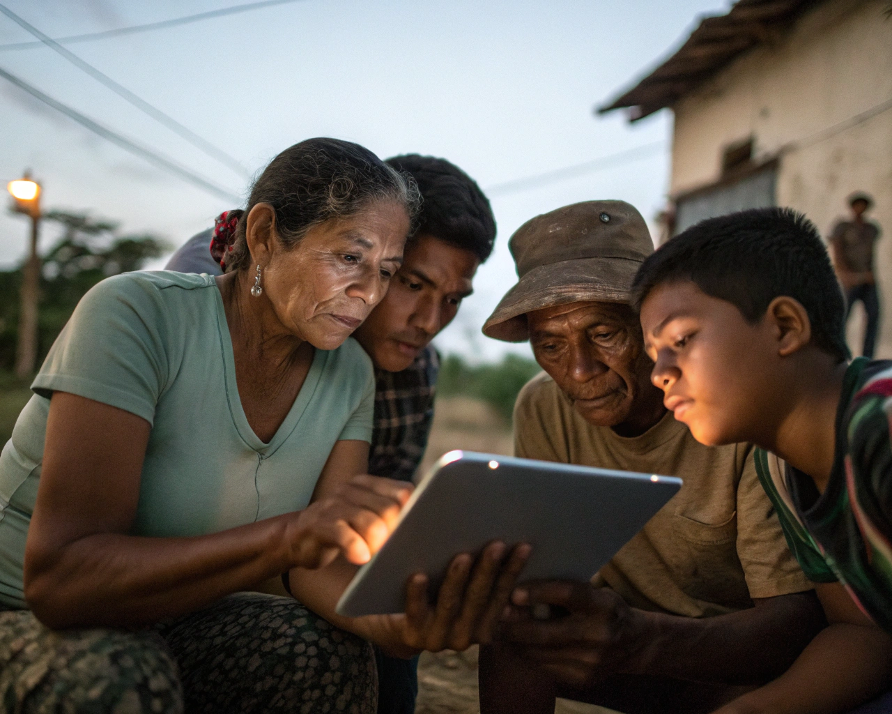 Grupo de hombres y mujeres latinoamericanos de varias edades reunidos alrededor de una tableta digital en un ambiente rural, observando la pantalla con atención y el resplandor de la luz reflejándose en sus rostros. Sus manos muestran signos de trabajo manual y se enfatiza la colaboración e interés compartido, con un fondo rural desenfocado.