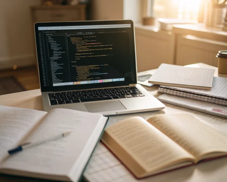 Manos de una persona latinoamericana no indígena tecleando en un portátil que muestra código en su pantalla, rodeado de libros de programación y cuadernos abiertos sobre un escritorio minimalista, iluminado por luz natural cálida de una ventana; el fondo está desenfocado y los detalles del teclado y páginas muestran texturas realistas, destacando el aprendizaje autónomo desde casa.