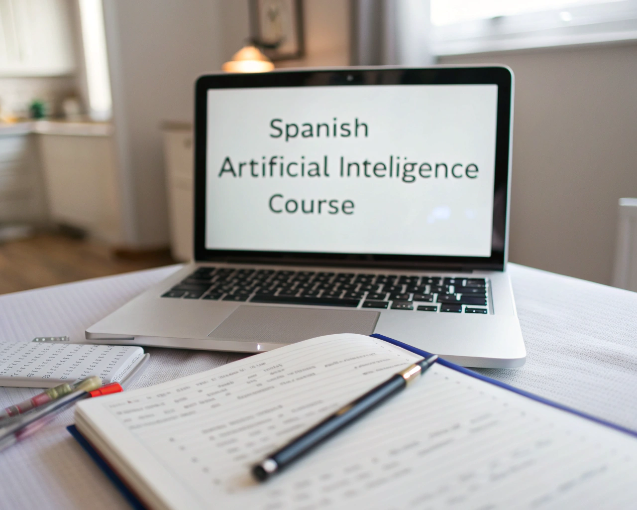 Primer plano de un escritorio doméstico ordenado con una laptop mostrando un curso online de inteligencia artificial en español. Hay un bloc de notas y un bolígrafo al lado, con anotaciones manuscritas. Un icono digital de redes neuronales aparece en la pantalla. El fondo es difuso, y la escena transmite ambiente de aprendizaje activo y curiosidad.