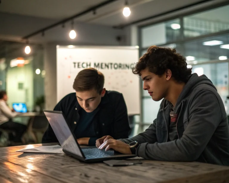 Dos jóvenes profesionales latinoamericanos no indígenas participan en una sesión de mentoría tecnológica en una mesa de coworking con una laptop abierta y teclado iluminado entre ellos. El mentor guía al aprendiz mientras ambos muestran expresiones de concentración. En la pantalla del portátil se distingue un diagrama de red digital. El fondo, desenfocado, sugiere un ambiente colaborativo con pizarras y pantallas bajo una luz suave y difusa.