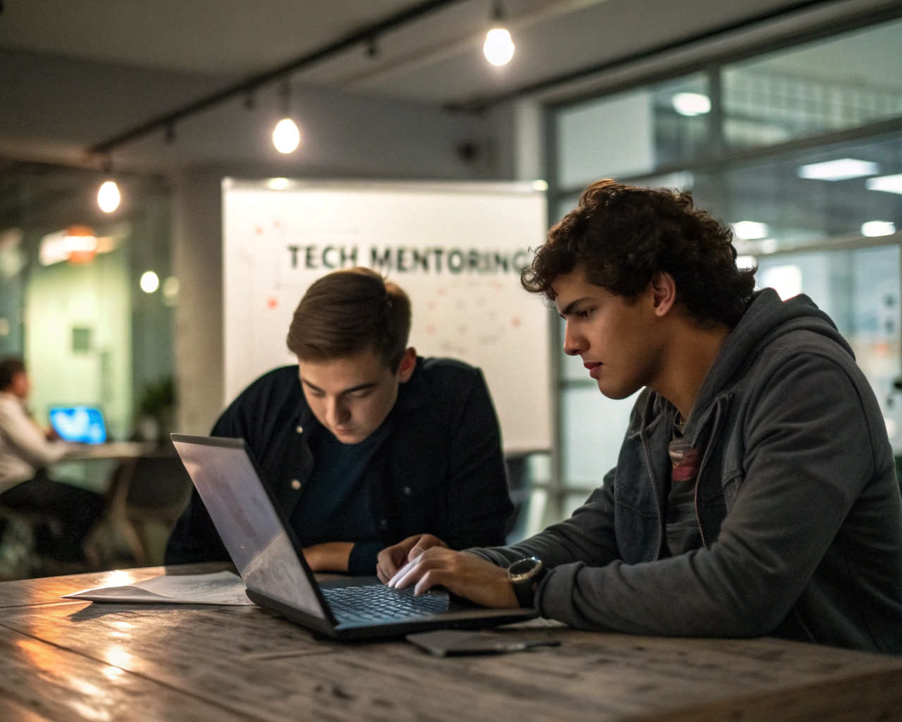 Dos jóvenes profesionales latinoamericanos no indígenas participan en una sesión de mentoría tecnológica en una mesa de coworking con una laptop abierta y teclado iluminado entre ellos. El mentor guía al aprendiz mientras ambos muestran expresiones de concentración. En la pantalla del portátil se distingue un diagrama de red digital. El fondo, desenfocado, sugiere un ambiente colaborativo con pizarras y pantallas bajo una luz suave y difusa.
