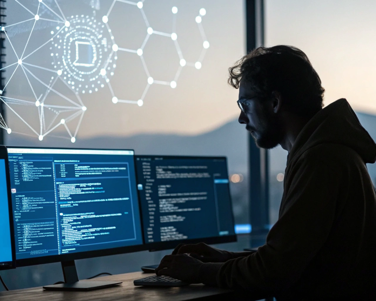 Desarrollador de blockchain latinoamericano no indígena en un espacio de trabajo moderno y minimalista, iluminado por múltiples pantallas con código y diagramas de blockchain. Sus manos y el reflejo del código en su rostro están en primer plano, con un fondo desenfocado donde aparecen nodos de blockchain interconectados y brillantes. La escena tiene sombras marcadas y un efecto de silueta cinematográfica.