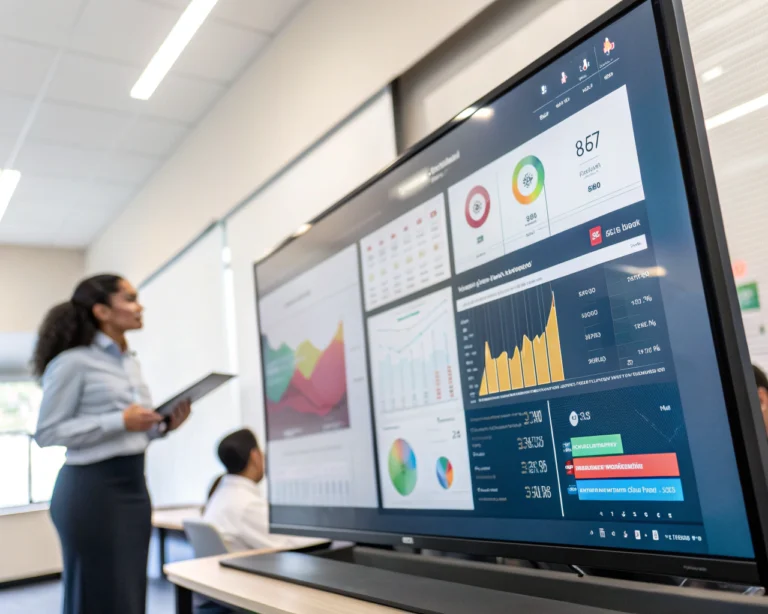 Tablero digital moderno con gráficos educativos y widgets de datos de estudiantes en una pantalla grande. Un profesor de apariencia latinoamericana, en el fondo borroso, utiliza la interfaz en un aula luminosa.