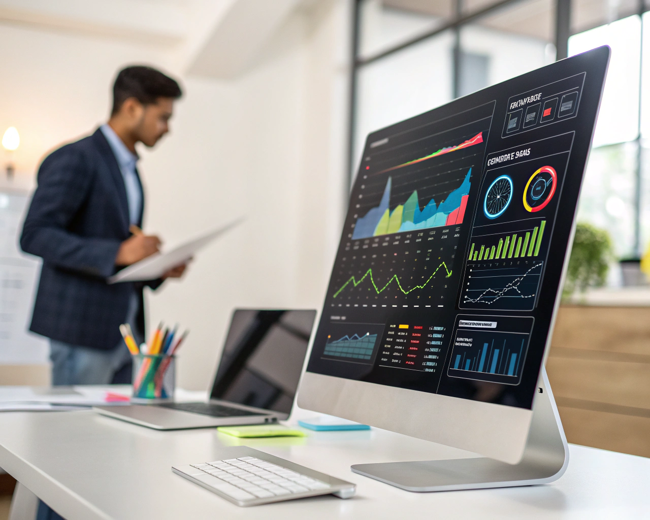 Panel de control digital en un gran monitor con gráficos y análisis brillantes en una oficina pequeña. Un profesional latinoamericano, vestido con ropa casual de negocios, interactúa con la pantalla, mientras que el fondo desenfocado muestra suministros de oficina. La imagen transmite eficiencia y transformación digital.