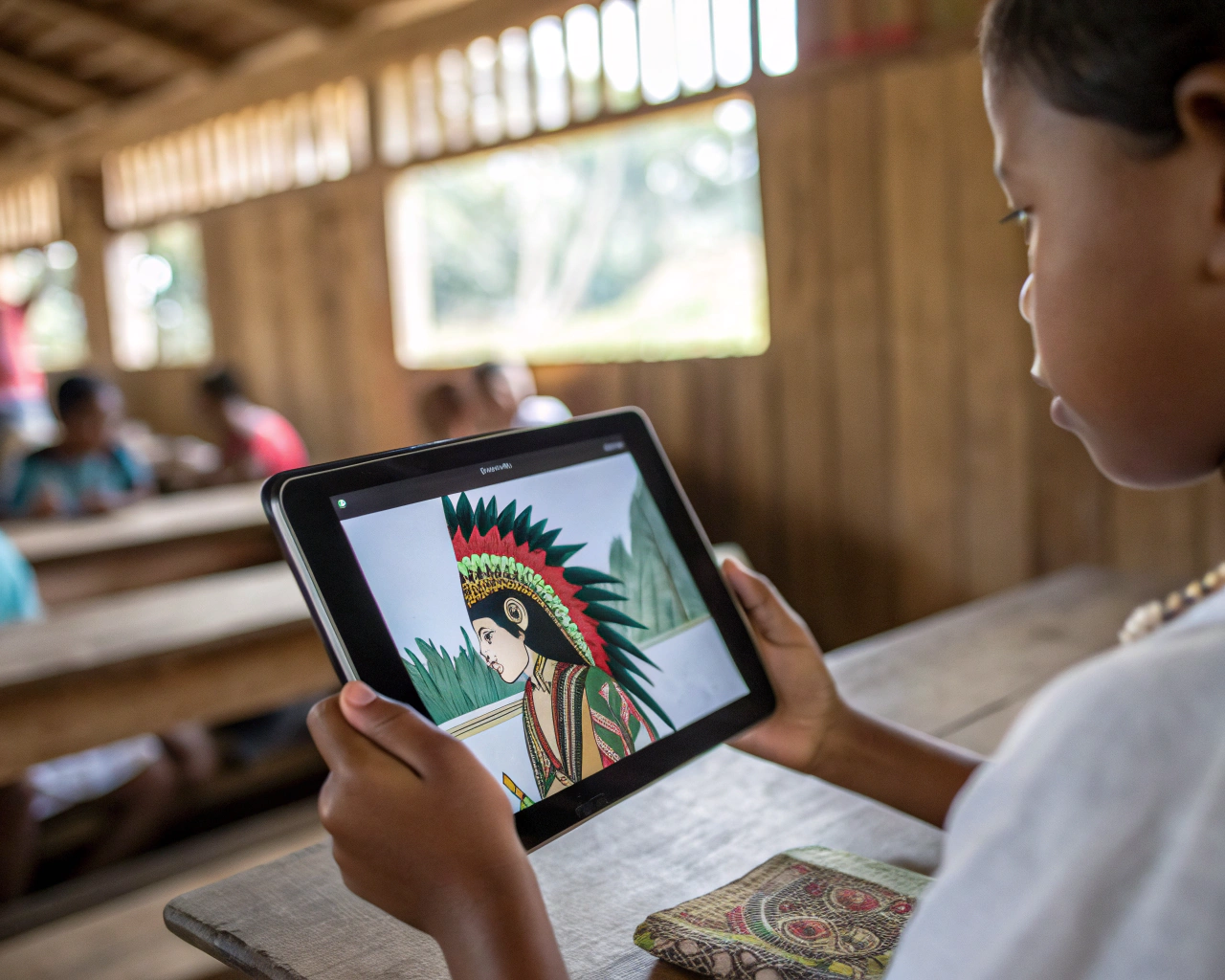 Manos jóvenes sostienen un tablet moderno con una obra de arte indígena en la pantalla; de fondo, un aula rural de madera iluminada por luz natural y un textil tradicional visible bajo el dispositivo.