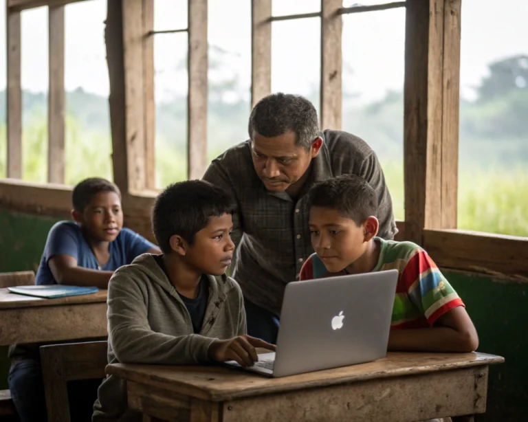 Mentor latinoamericano rodeado de jóvenes rurales observando con interés una laptop en un aula rústica, con mesas de madera y campos verdes visibles por la ventana, iluminados por luz natural.