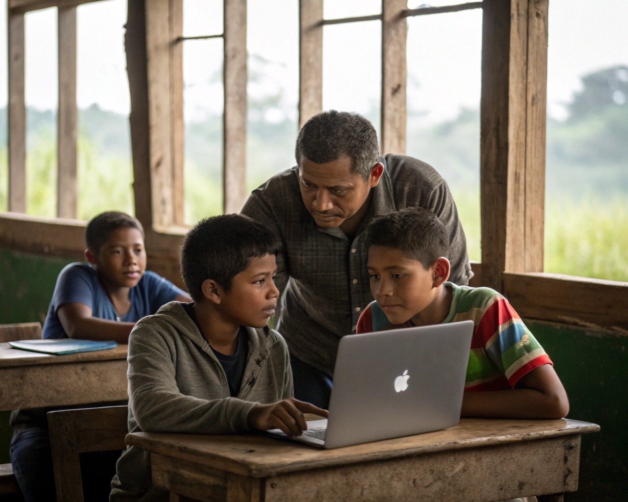 Mentor latinoamericano rodeado de jóvenes rurales observando con interés una laptop en un aula rústica, con mesas de madera y campos verdes visibles por la ventana, iluminados por luz natural.