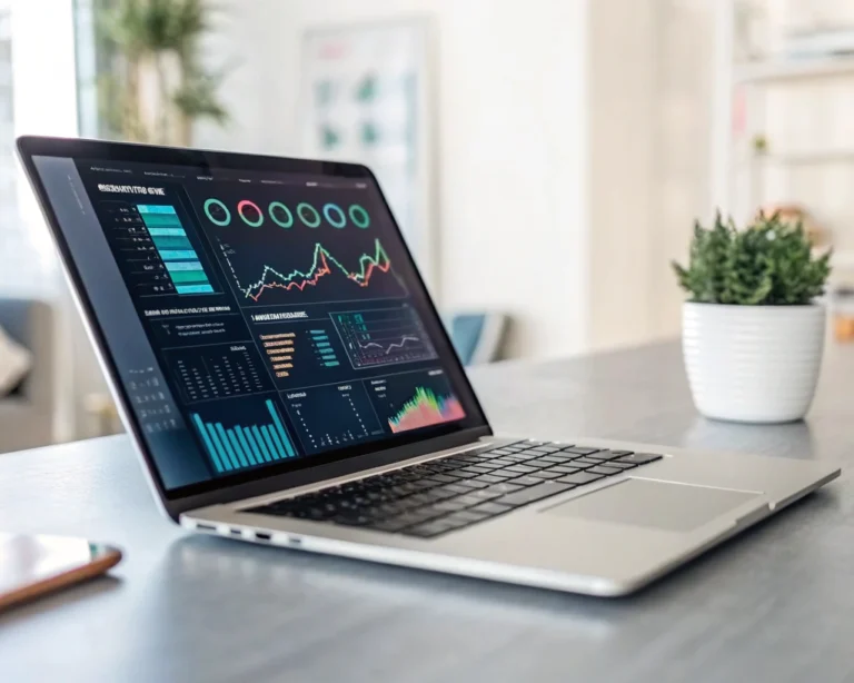 Portátil moderno en enfoque mostrando un dashboard digital con gráficos y estadísticas, acompañado de una pequeña planta simbólica, sobre un escritorio en una oficina minimalista de fondo borroso y luz suave.