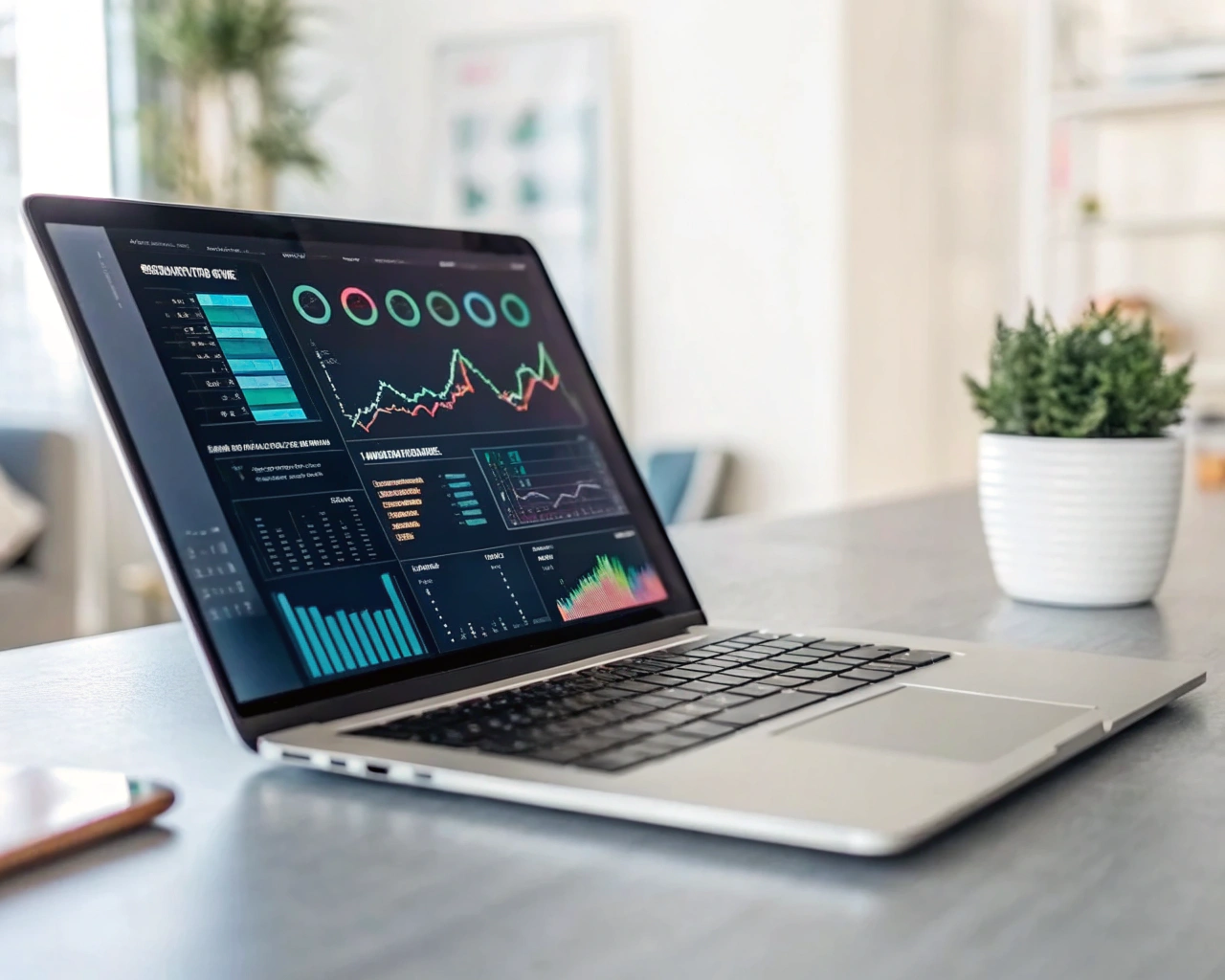 Portátil moderno en enfoque mostrando un dashboard digital con gráficos y estadísticas, acompañado de una pequeña planta simbólica, sobre un escritorio en una oficina minimalista de fondo borroso y luz suave.