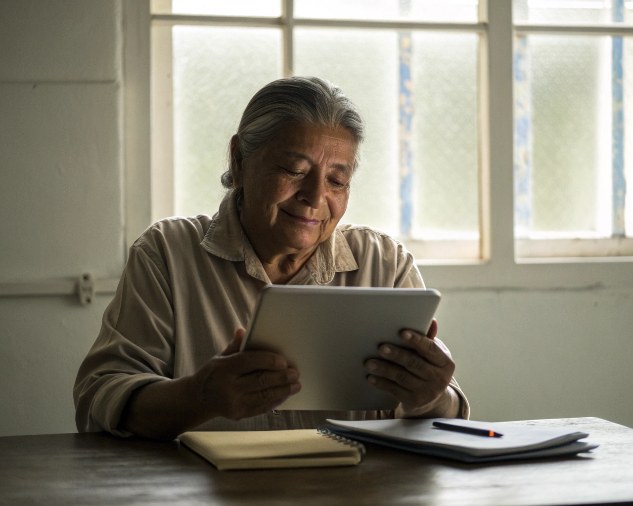 Primerísimo primer plano de una persona adulta mayor latinoamericana, no indígena, usando con confianza una tablet moderna sobre un escritorio sencillo. Sus manos y rostro muestran satisfacción. Hay luz natural suave, fondo desenfocado, y un pequeño cuaderno junto al dispositivo, transmitiendo el concepto de aprendizaje y empoderamiento tecnológico.