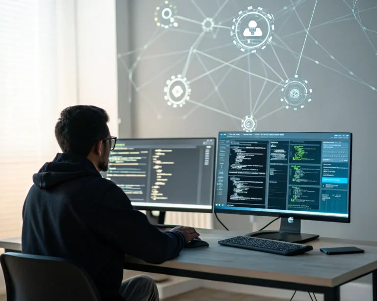 Mentor de ciberseguridad latinoamericano trabajando remotamente en un escritorio moderno con dos pantallas mostrando código y paneles de seguridad. Alrededor, proyecciones digitales de redes flotan en el aire, en una oficina hogareña minimalista y bien iluminada. El mentor muestra una postura atenta y es resaltado por el brillo de las pantallas y la luz de fondo.