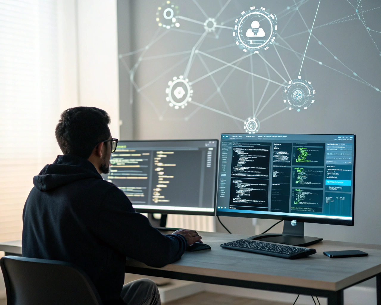 Mentor de ciberseguridad latinoamericano trabajando remotamente en un escritorio moderno con dos pantallas mostrando código y paneles de seguridad. Alrededor, proyecciones digitales de redes flotan en el aire, en una oficina hogareña minimalista y bien iluminada. El mentor muestra una postura atenta y es resaltado por el brillo de las pantallas y la luz de fondo.